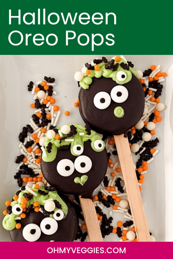 Halloween Oreo Pops on a bed of Halloween sprinkles, Pinterest pin