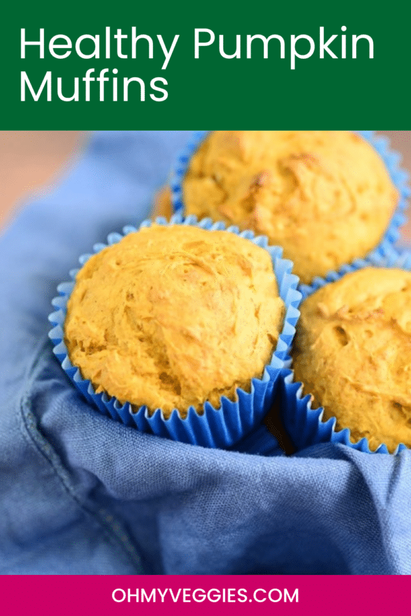 Healthy Pumpkin Muffins pin with muffins in blue liners