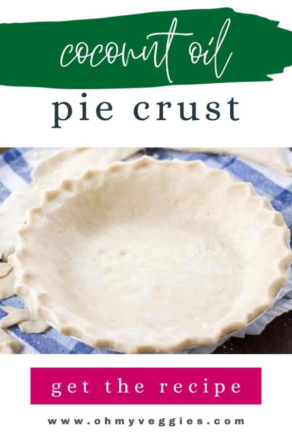 Homemade coconut oil pie crust pin graphic with a scalloped crust in a pie plate
