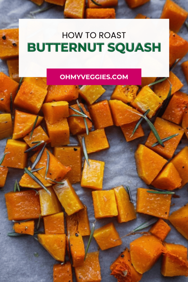 How to roast butternut squash - roasted butternut squash cubes with rosemary on parchment