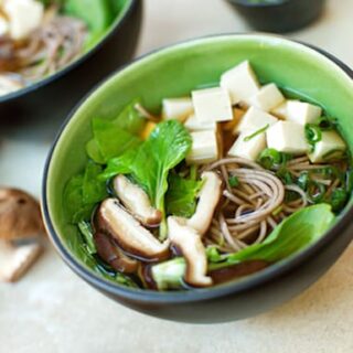 Bowl of Japanese Soba Noodle Soup with Tofu and Greens