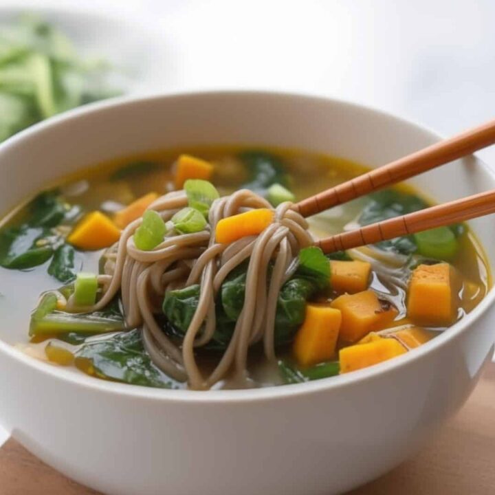 Miso Butternut Squash Soup with Soba Noodles in a bowl