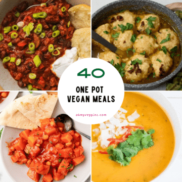 40 one pot vegan meals collage with vegan chili, dumpling soup, Moroccan squash stew and Thai pumpkin soup