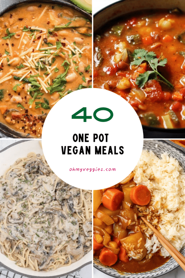 40 one pot vegan meals Pinterest pin with white bean chili, posole, creamy mushroom pasta and Japanese curry