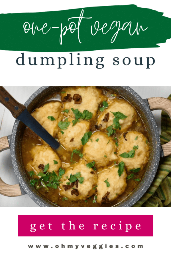 One-pot vegan dumpling soup Pinterest graphic with an overhead photo of the pot