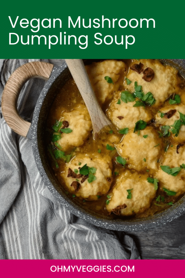 Vegan mushroom dumpling soup Pinterest graphic showing the pot with a wooden spoon