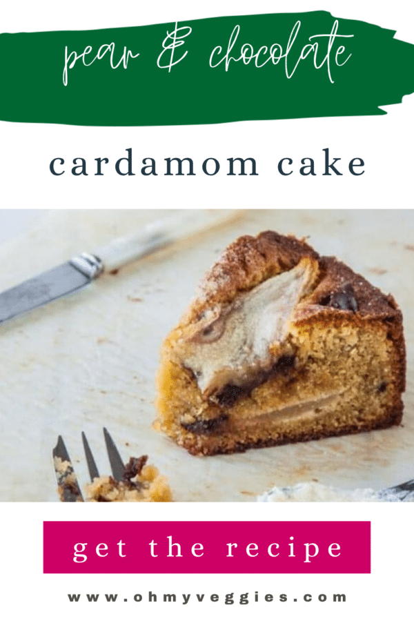 Pear and chocolate cardamom cake Pinterest pin with a slice of cake and a fork