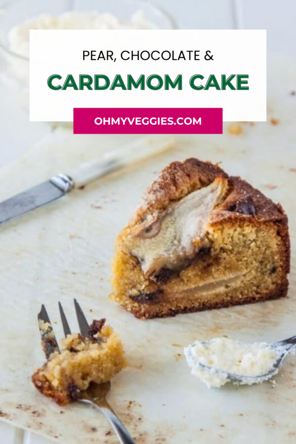 Pear, chocolate and cardamom cake Pinterest pin with a slice of cake and cream