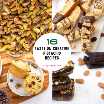 Collage of pistachio recipes including roasted pistachios, biscotti, muffins, and chocolate toffee