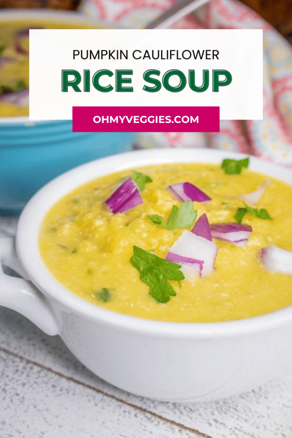Pumpkin cauliflower rice soup pin with bowl of soup garnished with parsley