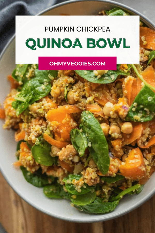 Pumpkin Chickpea Quinoa Bowl recipe pin - warm high protein pumpkin salad