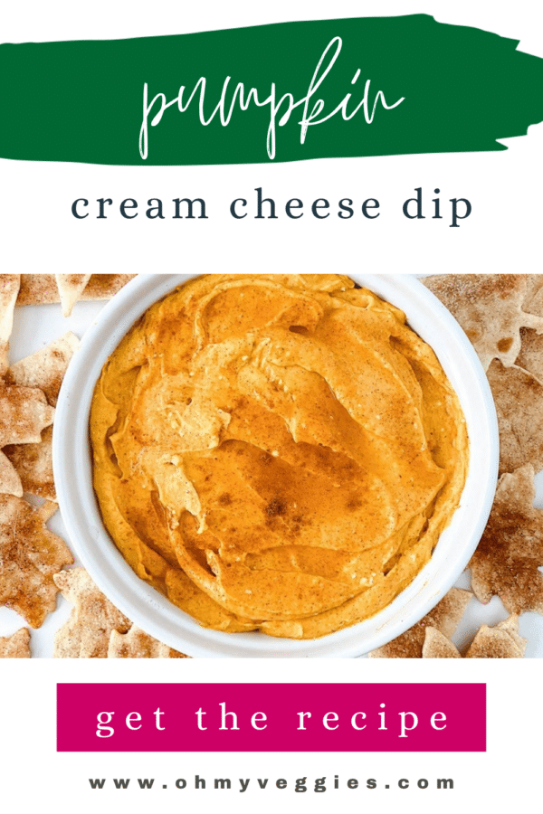 Pumpkin cream cheese dip Pinterest graphic with cinnamon sugar chips