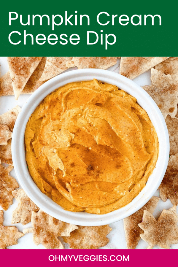 Pumpkin Cream Cheese Dip Pinterest graphic with bowl of dip and leaf-shaped chips