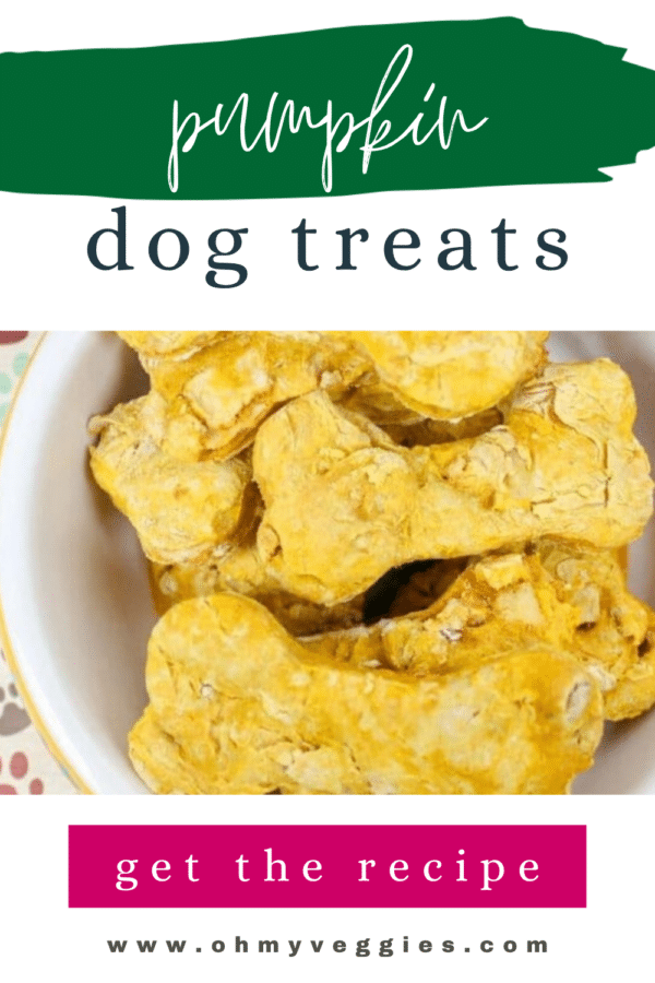 Pumpkin dog treats Pinterest pin with bone-shaped treats in a bowl