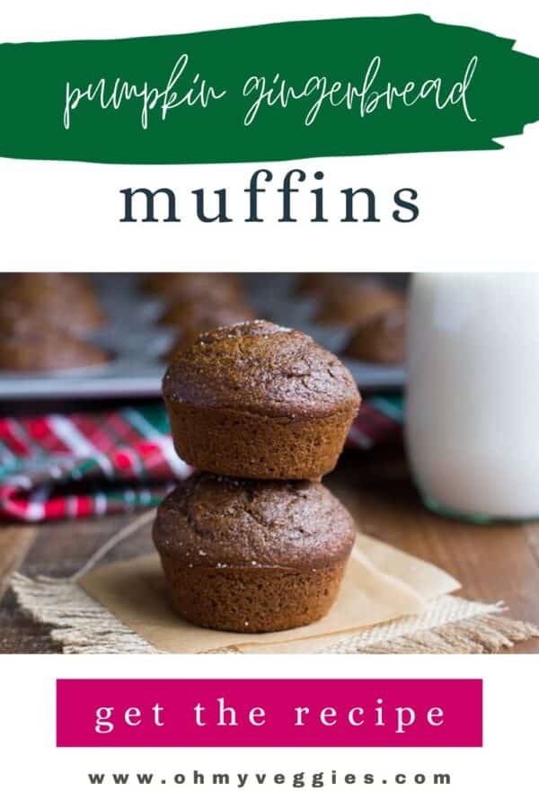 Pumpkin gingerbread muffins Pinterest pin with stacked muffins