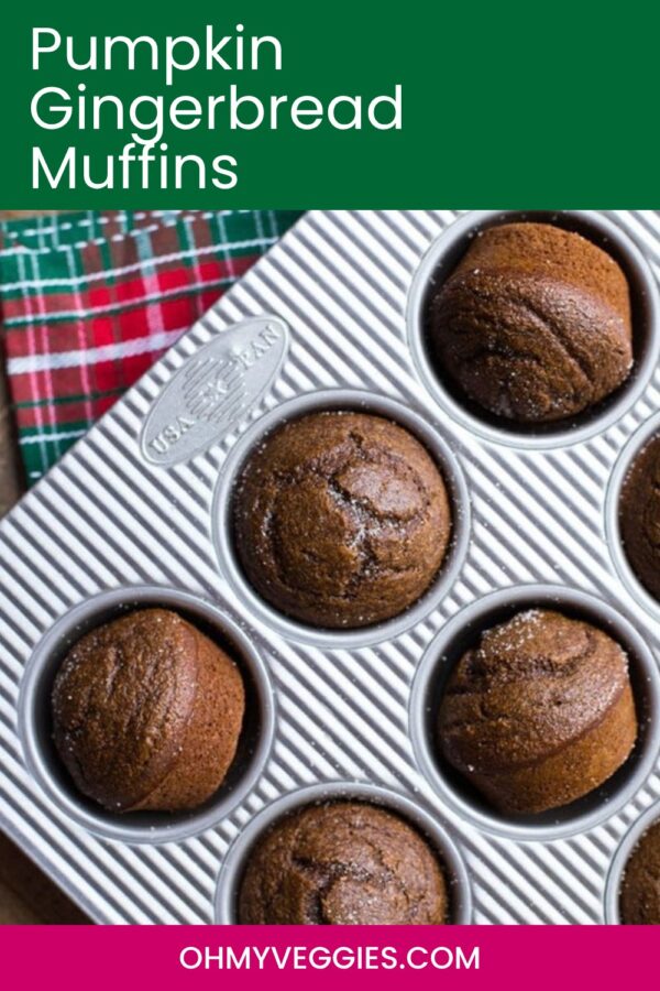 Pumpkin gingerbread muffins Pinterest pin with muffins in a muffin tin