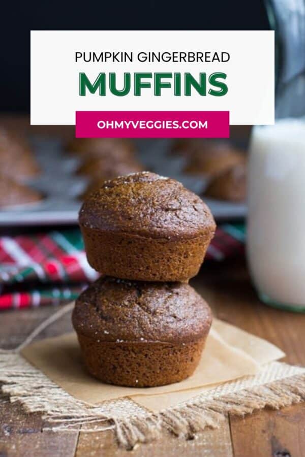 Pumpkin gingerbread muffins Pinterest pin with stacked muffins and milk