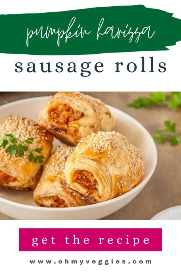 Pumpkin harissa vegetarian sausage rolls Pinterest graphic