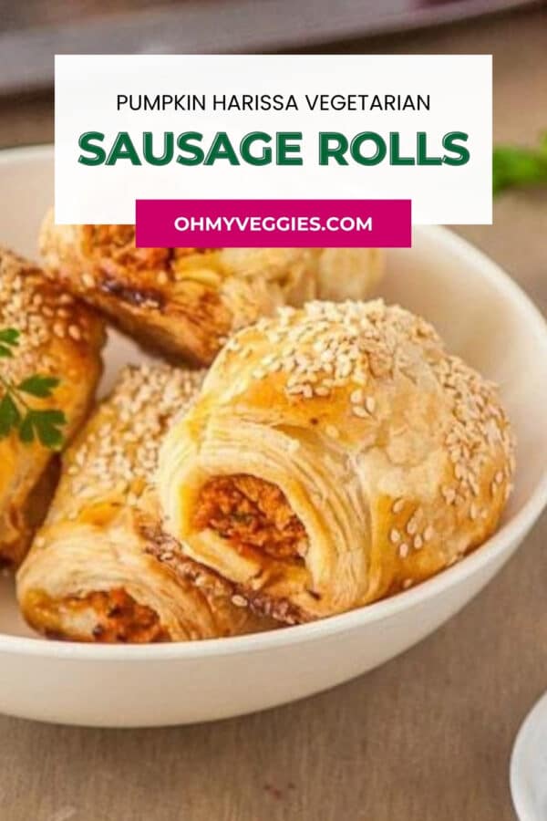 Bowl of pumpkin harissa vegetarian sausage rolls, Pinterest graphic