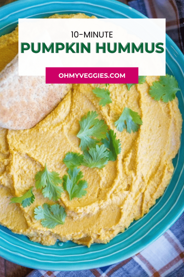 Pumpkin hummus pin graphic with a bowl of hummus, cilantro and pita