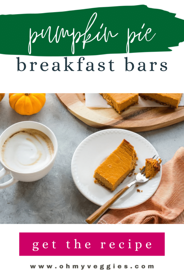 Pumpkin pie breakfast bars Pinterest graphic with a bar on a plate next to coffee