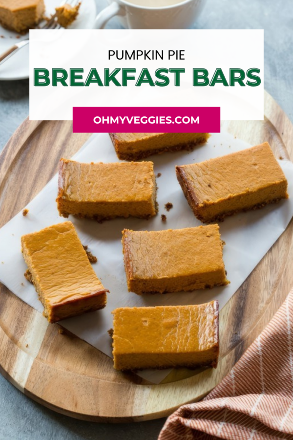 Pumpkin pie breakfast bars Pinterest graphic with title over the sliced bars