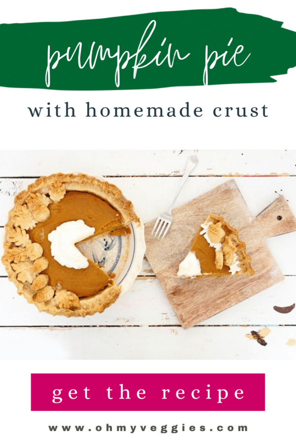 Pumpkin pie with homemade crust Pinterest graphic showing the whole pie and a slice on a board