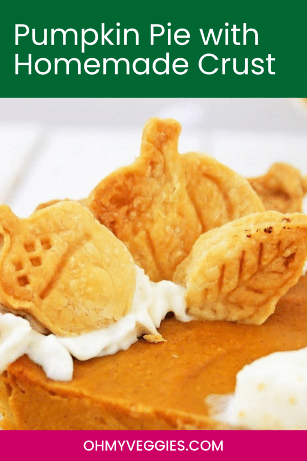 Pumpkin pie with homemade crust Pinterest graphic with a close-up of pastry leaves and whipped cream
