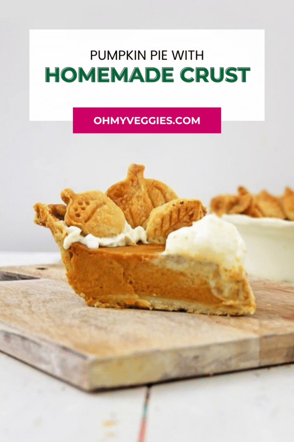 Pumpkin pie with homemade crust Pinterest graphic showing a slice on a wooden board
