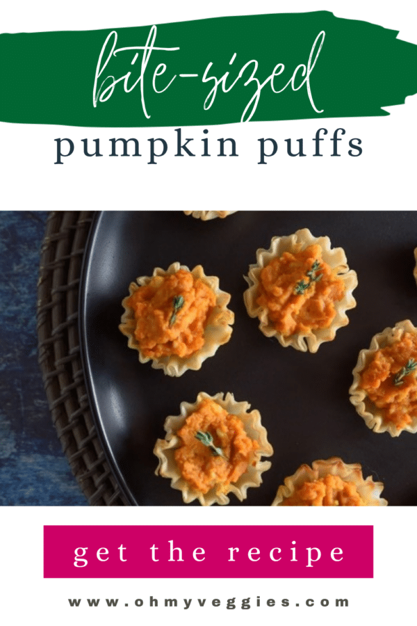 Bite-sized pumpkin puffs on a black platter, Pinterest graphic