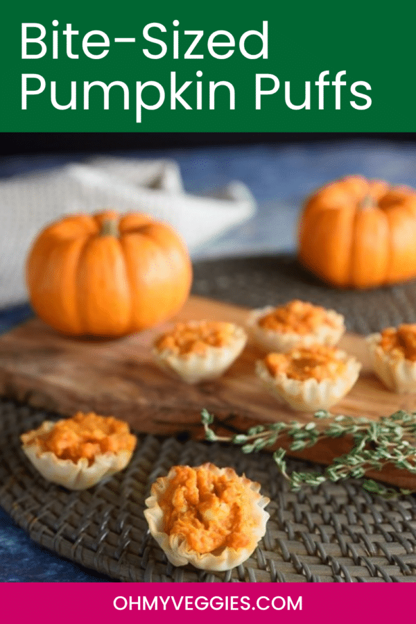 Bite-sized pumpkin puffs on a wooden board with mini pumpkins, Pinterest graphic