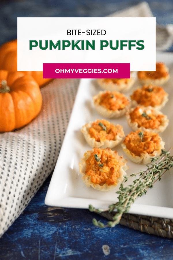 Bite-sized pumpkin puffs on a white platter with thyme, Pinterest graphic