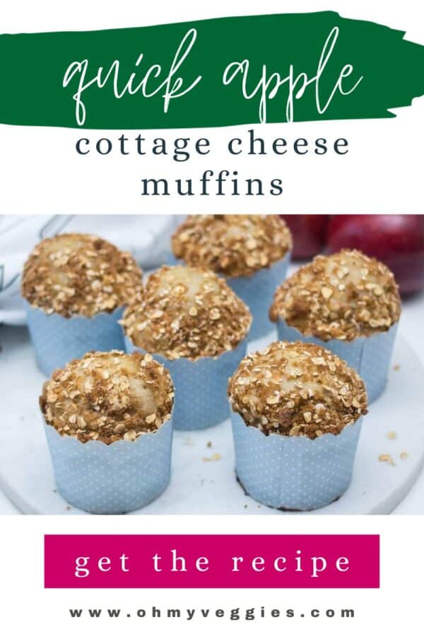 Quick apple cottage cheese muffins Pinterest graphic with oat streusel muffins in blue liners