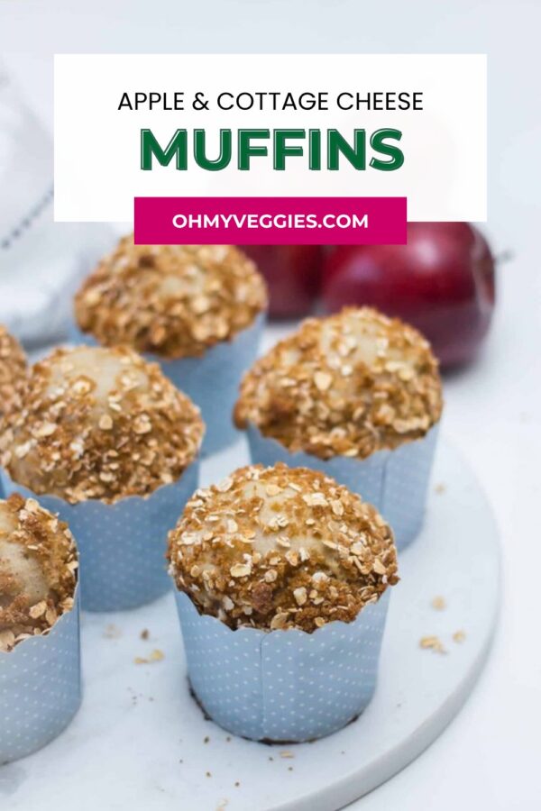 Apple and cottage cheese muffins Pinterest graphic with red apples
