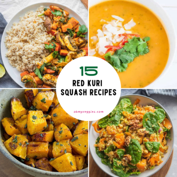Collage of red kuri squash recipes including squash stir-fry, Thai pumpkin soup, roasted squash and chickpea quinoa salad