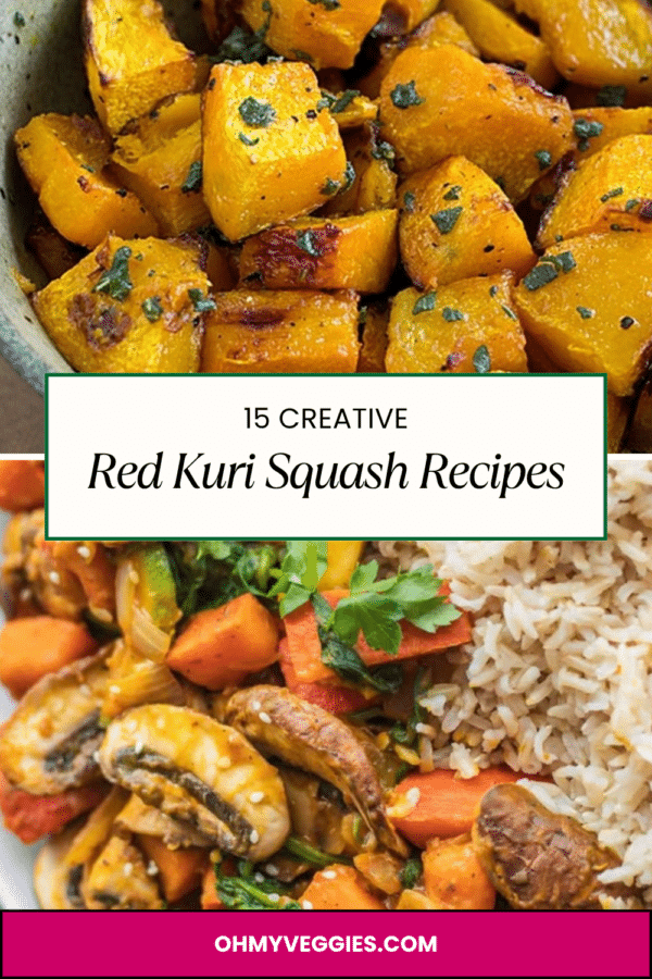 15 creative red kuri squash recipes Pinterest graphic with roasted squash and squash stir-fry