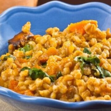 Roast pumpkin barley risotto with spinach in a blue bowl