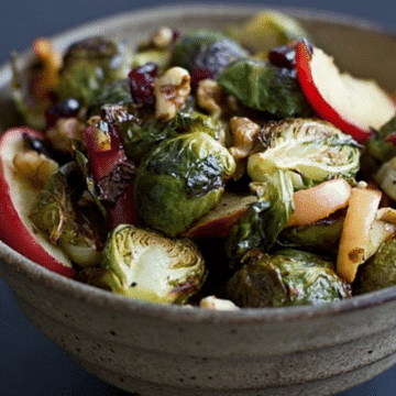 Roasted brussels sprouts and apples with walnuts and dried cranberries in a stoneware bowl