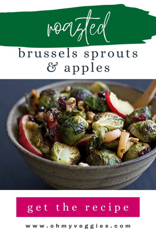 Roasted brussels sprouts and apples in a stoneware bowl, Pinterest graphic
