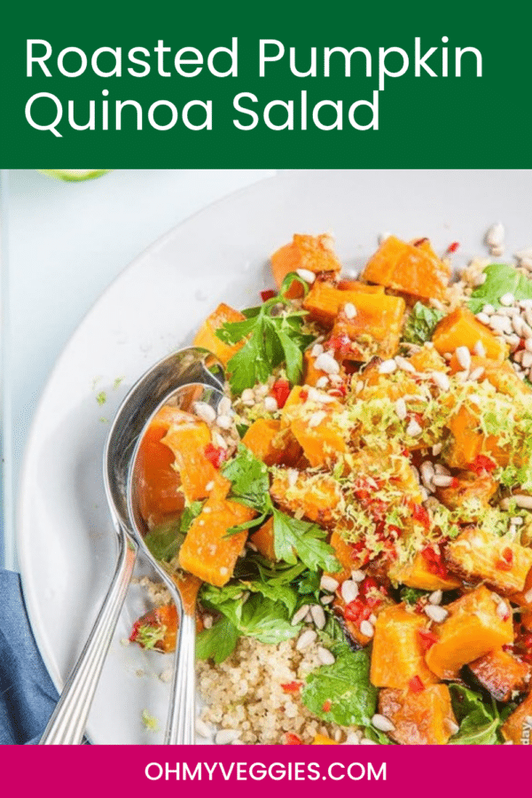 Roasted Pumpkin Quinoa Salad Pinterest graphic with a close-up of the salad