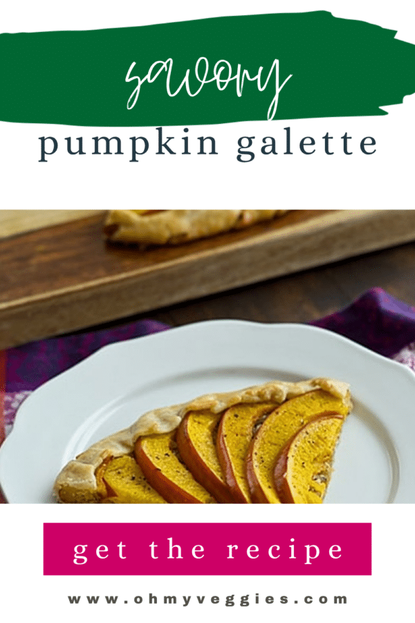 Savory pumpkin galette Pinterest graphic with a slice on a white plate