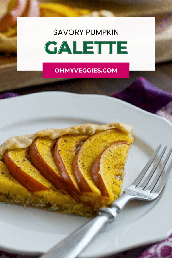 Savory pumpkin galette Pinterest graphic with a close-up slice and fork