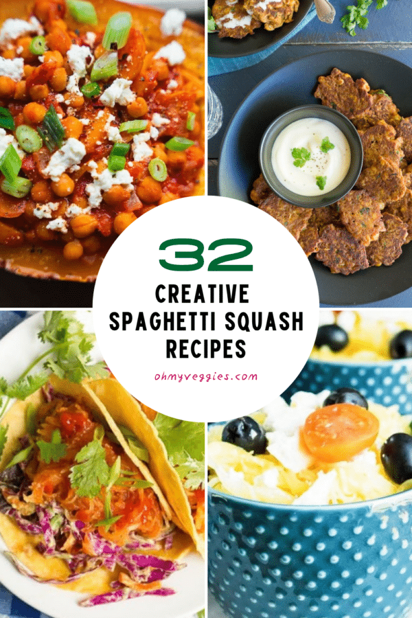 32 creative spaghetti squash recipes Pinterest pin with stuffed squash boats, fritters, tacos and squash bowls
