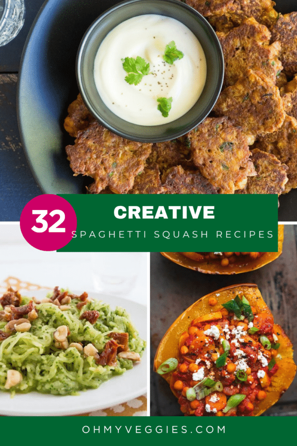 32 creative spaghetti squash recipes Pinterest pin with BBQ fritters, kale pesto spaghetti squash and chickpea stuffed squash