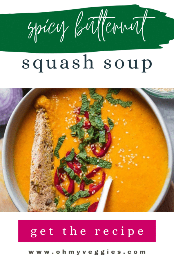 Spicy butternut squash soup Pinterest graphic with a bowl of soup and crusty bread