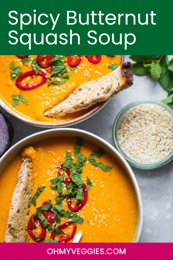 Spicy Butternut Squash Soup Pinterest graphic showing two bowls of soup with fresh herbs