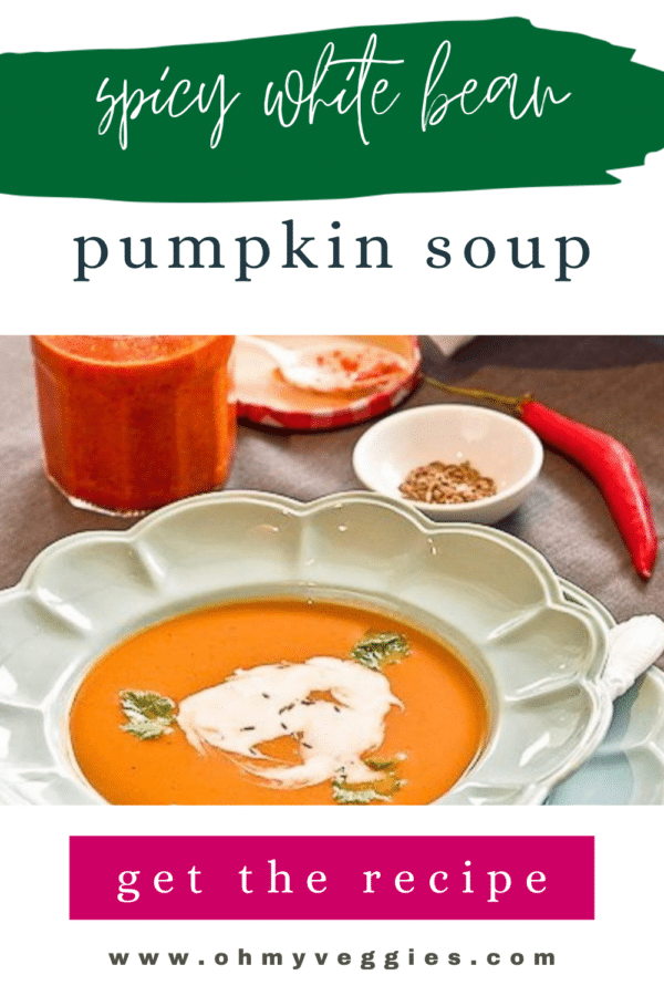 Spicy White Bean Pumpkin Soup Pinterest graphic with a bowl of creamy vegan soup and homemade harissa