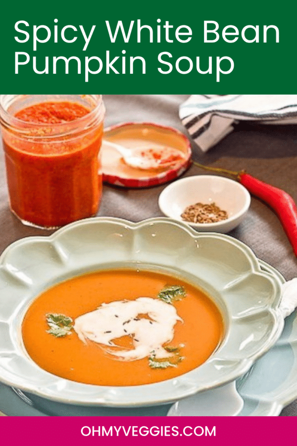 Spicy White Bean Pumpkin Soup - Pinterest graphic with a bowl of soup, chili pepper and harissa jar