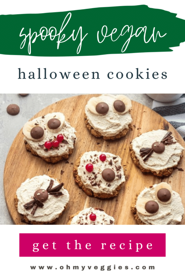 Spooky vegan Halloween cookies Pinterest pin with monster-face oatmeal cookies