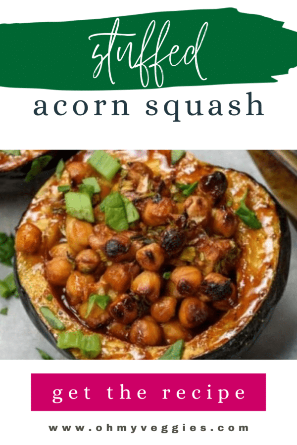 Stuffed acorn squash Pinterest graphic with hoisin-glazed chickpea filling